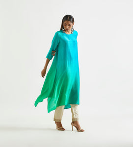 Bright Green Blue Ombre Kurta Dress with printed Stole