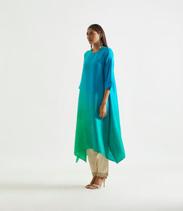 Bright Green Blue Ombre Kurta Dress with printed Stole