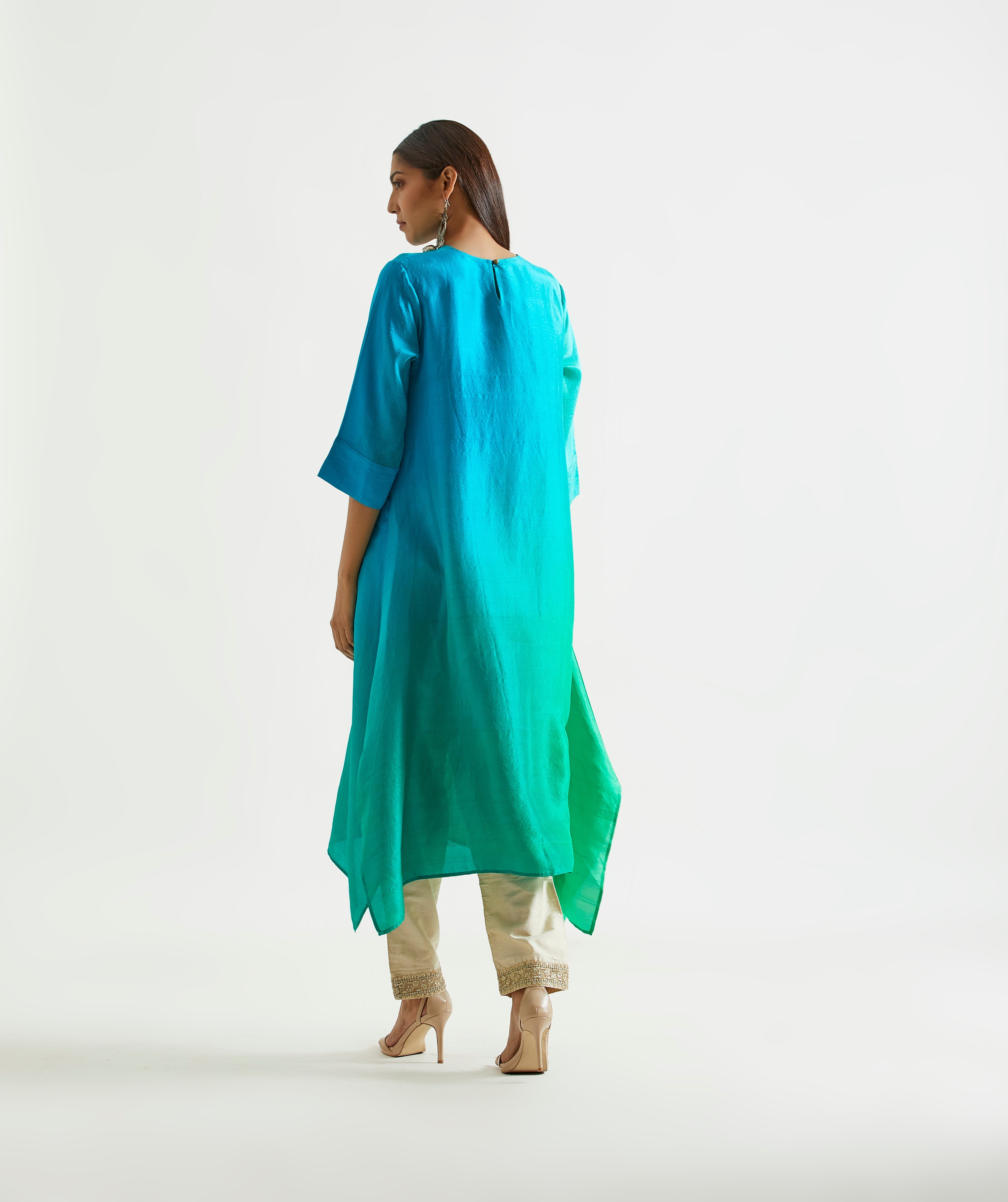 Bright Green Blue Ombre Kurta Dress with printed Stole
