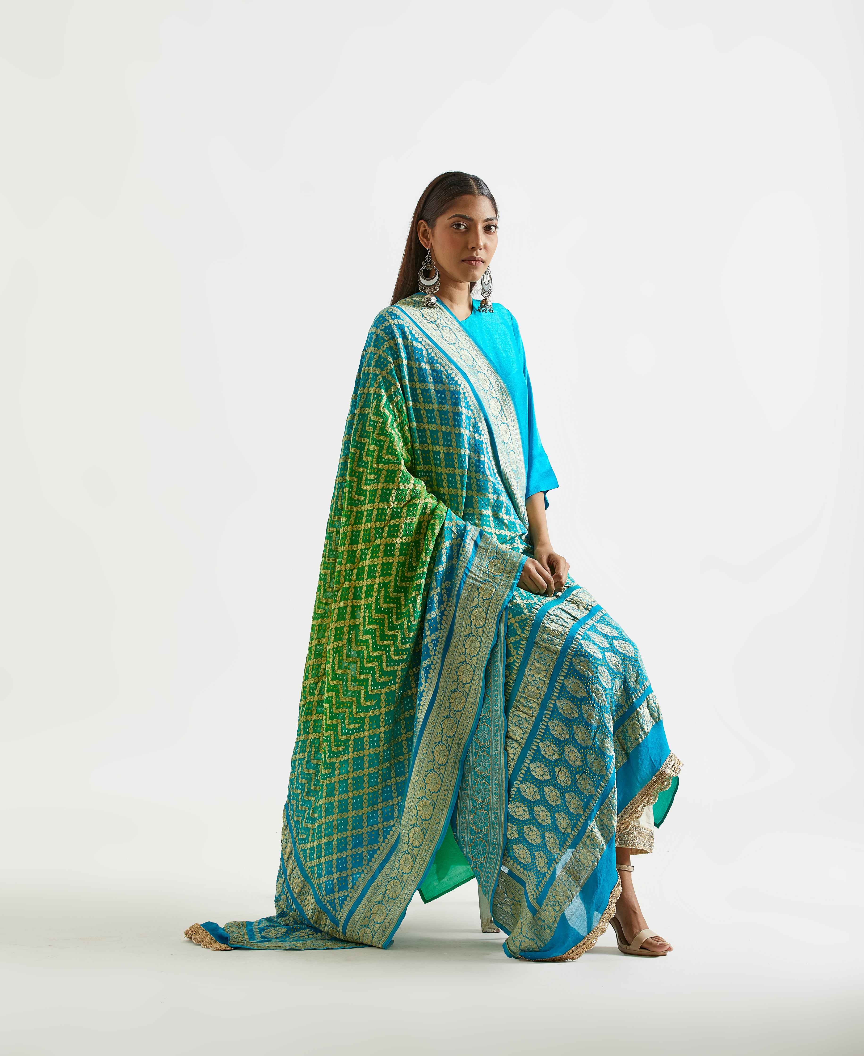Festive Edit : Bright Green Blue Ombre Kurta With heavy Banarasi Bandhej Dupatta.