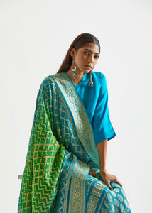 Festive Edit : Bright Green Blue Ombre Kurta With heavy Banarasi Bandhej Dupatta.