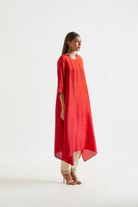 Orange Red Asymmetric Dupion Silk Ombre Kurta With Printed Stole