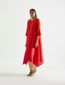Orange Red Asymmetric Dupion Silk Ombre Kurta With Printed Stole