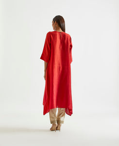 Orange Red Asymmetric Dupion Silk Ombre Kurta With Printed Stole