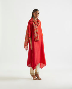 Orange Red Asymmetric Dupion Silk Ombre Kurta With Printed Stole