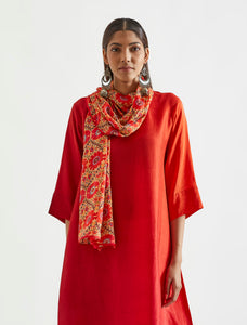 Orange Red Asymmetric Dupion Silk Ombre Kurta With Printed Stole