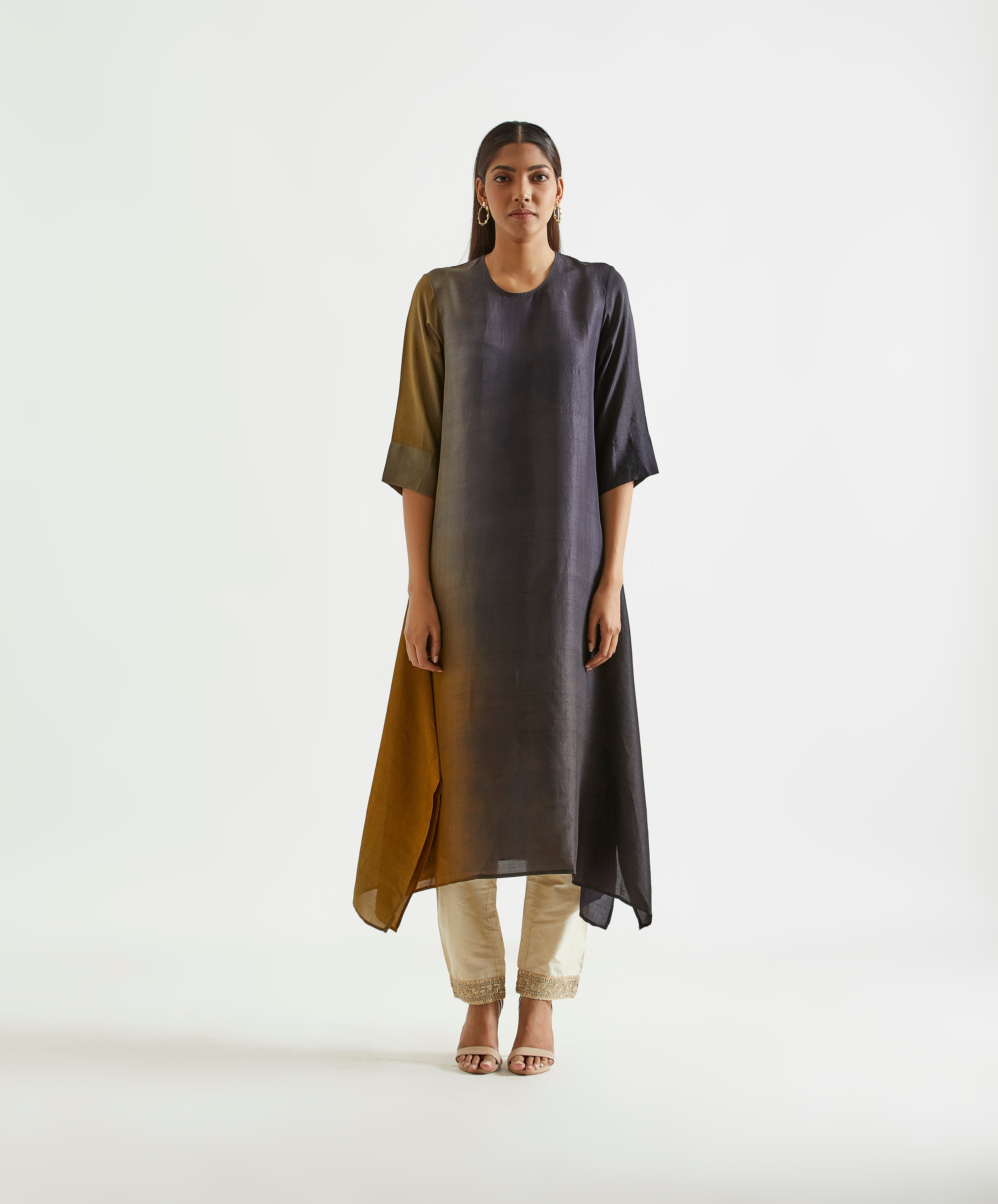 Festive Edit : Black Olive Ombre Kurta With Ajrakh Bandhej Dupatta .