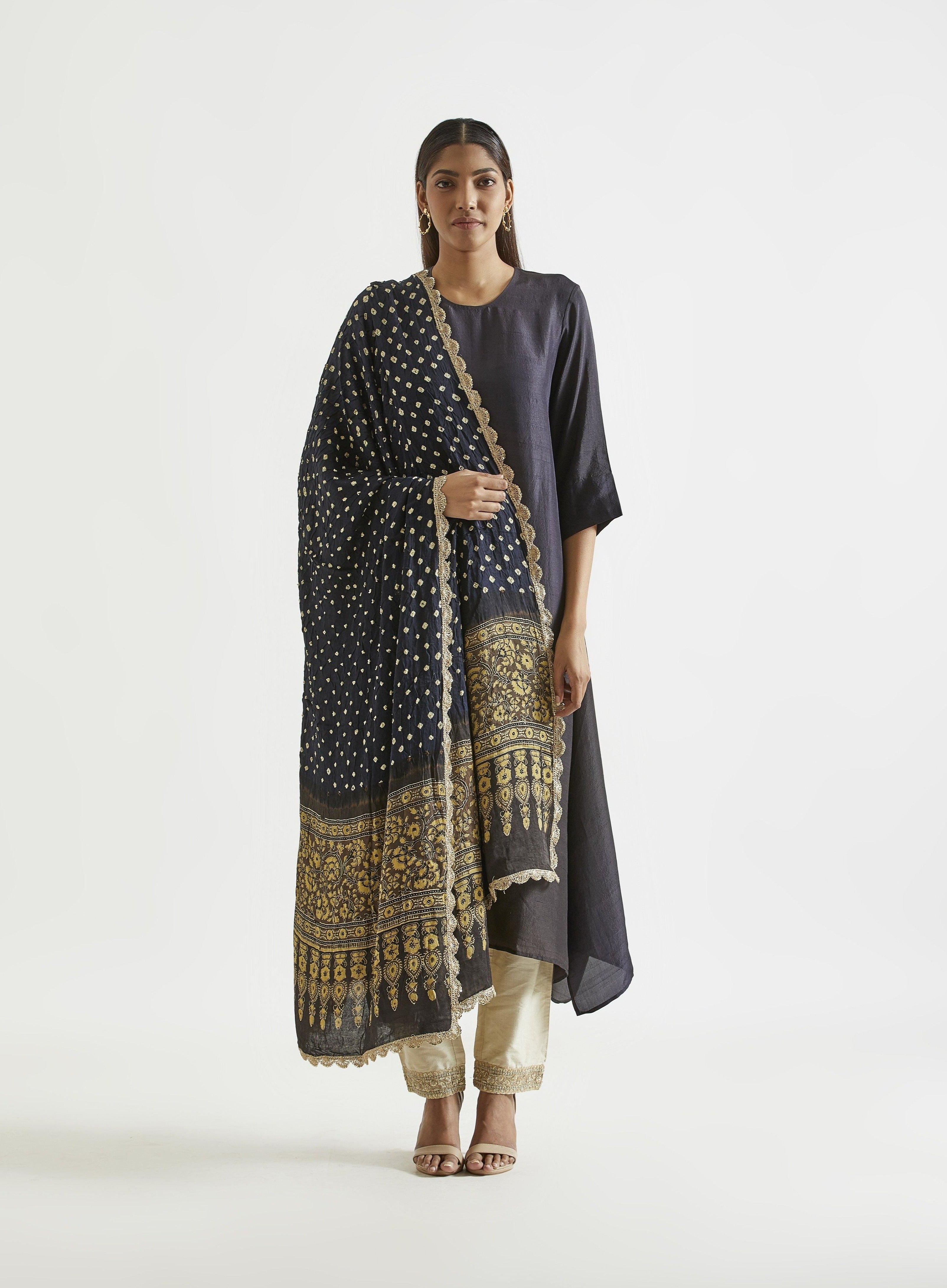 Festive Edit : Black Olive Ombre Kurta With Ajrakh Bandhej Dupatta .
