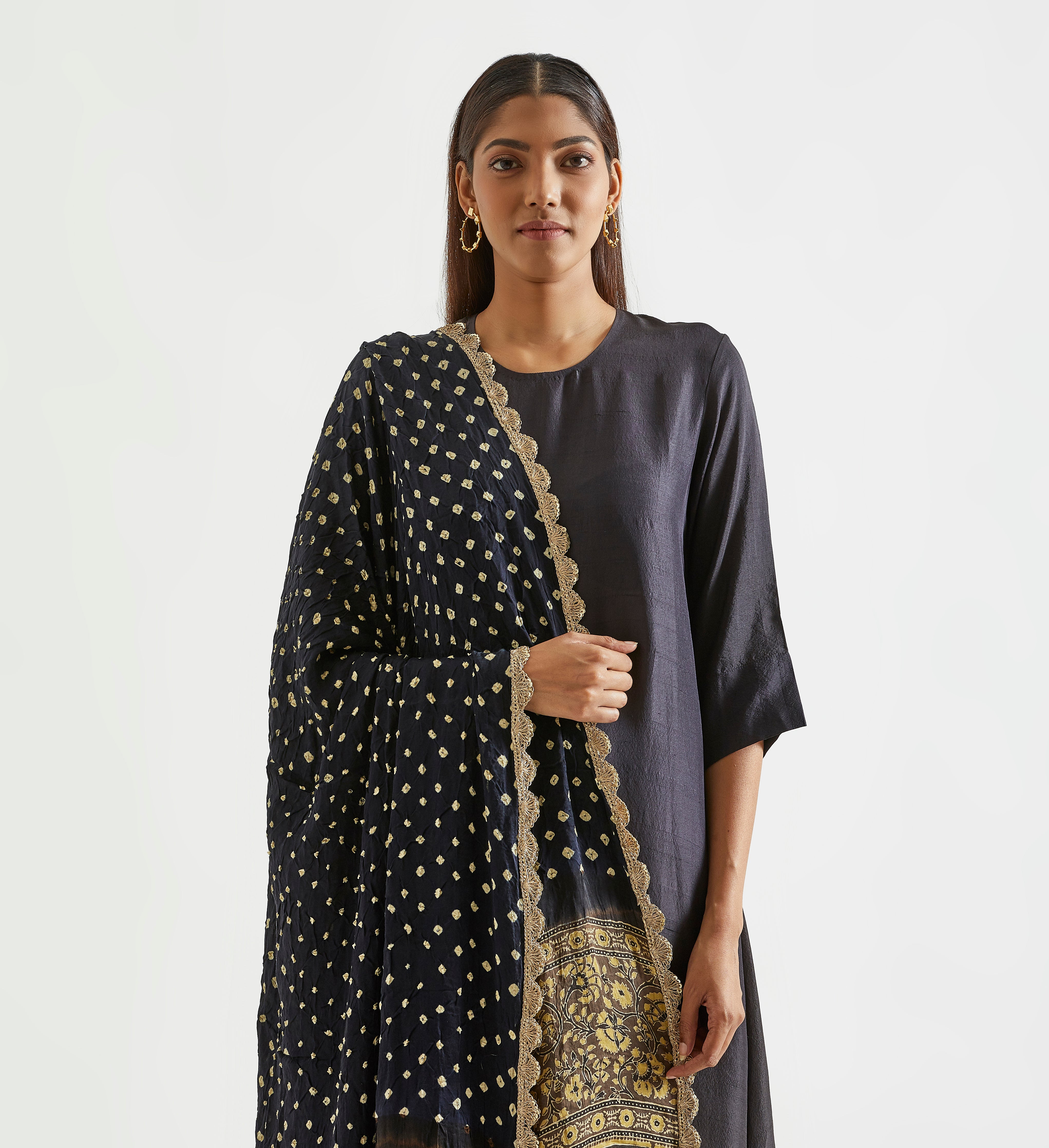 Festive Edit : Black Olive Ombre Kurta With Ajrakh Bandhej Dupatta .
