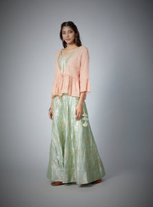 Festive Edit : Banarasi Brocade Lehenga With Chiffon Zari Woven Peplum Top With Inner.