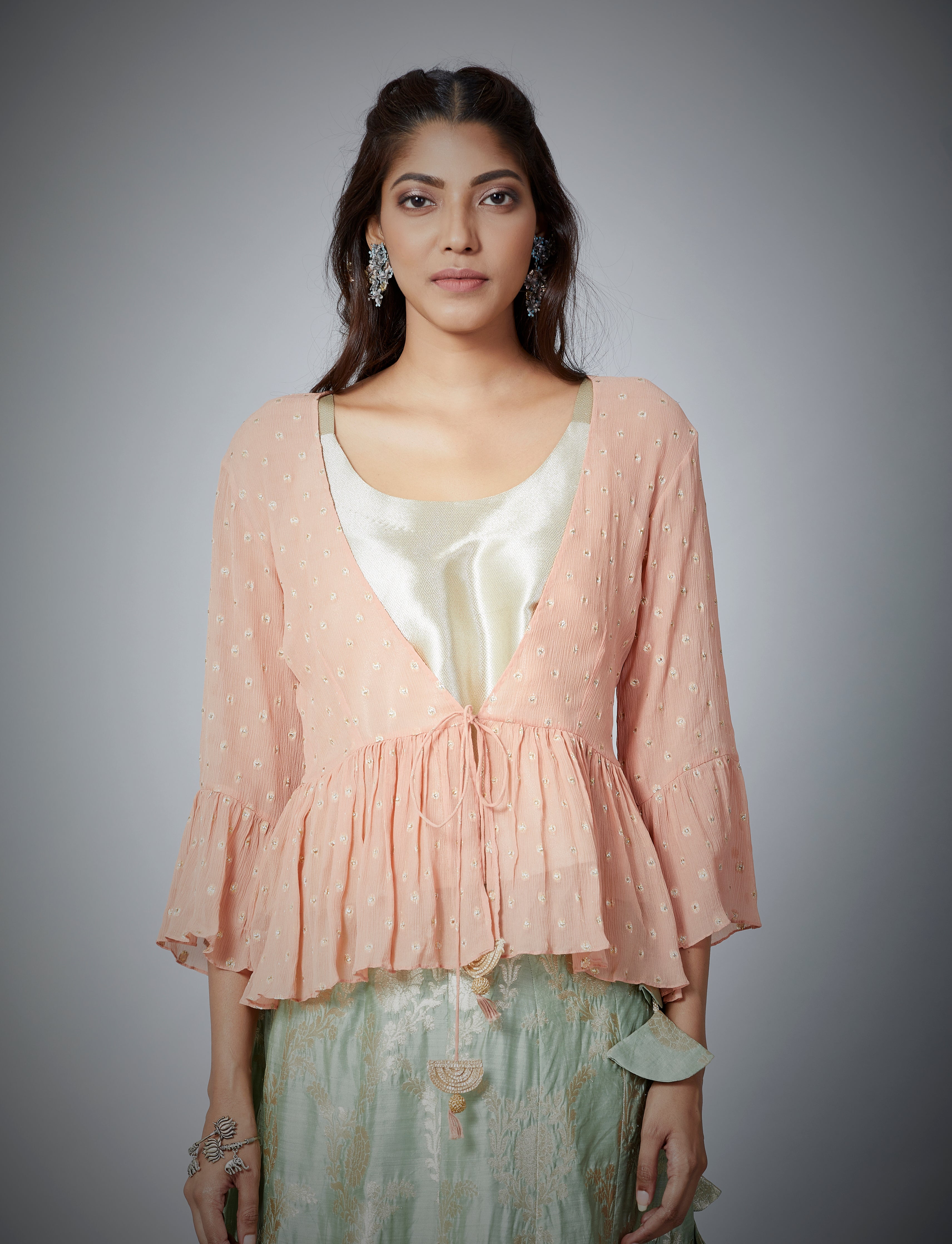 Festive Edit : Banarasi Brocade Lehenga With Chiffon Zari Woven Peplum Top With Inner.
