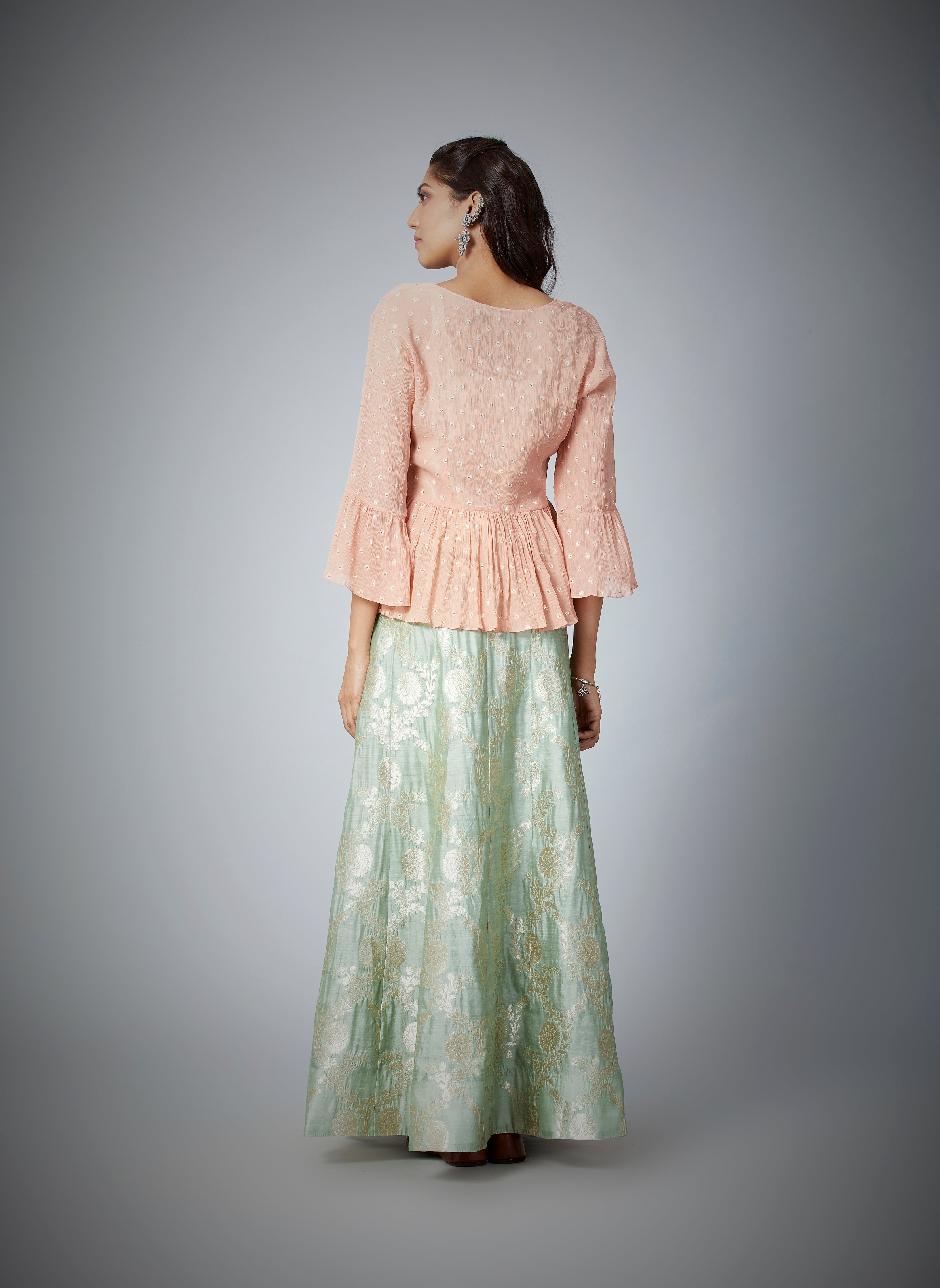 Festive Edit : Banarasi Brocade Lehenga With Chiffon Zari Woven Peplum Top With Inner.