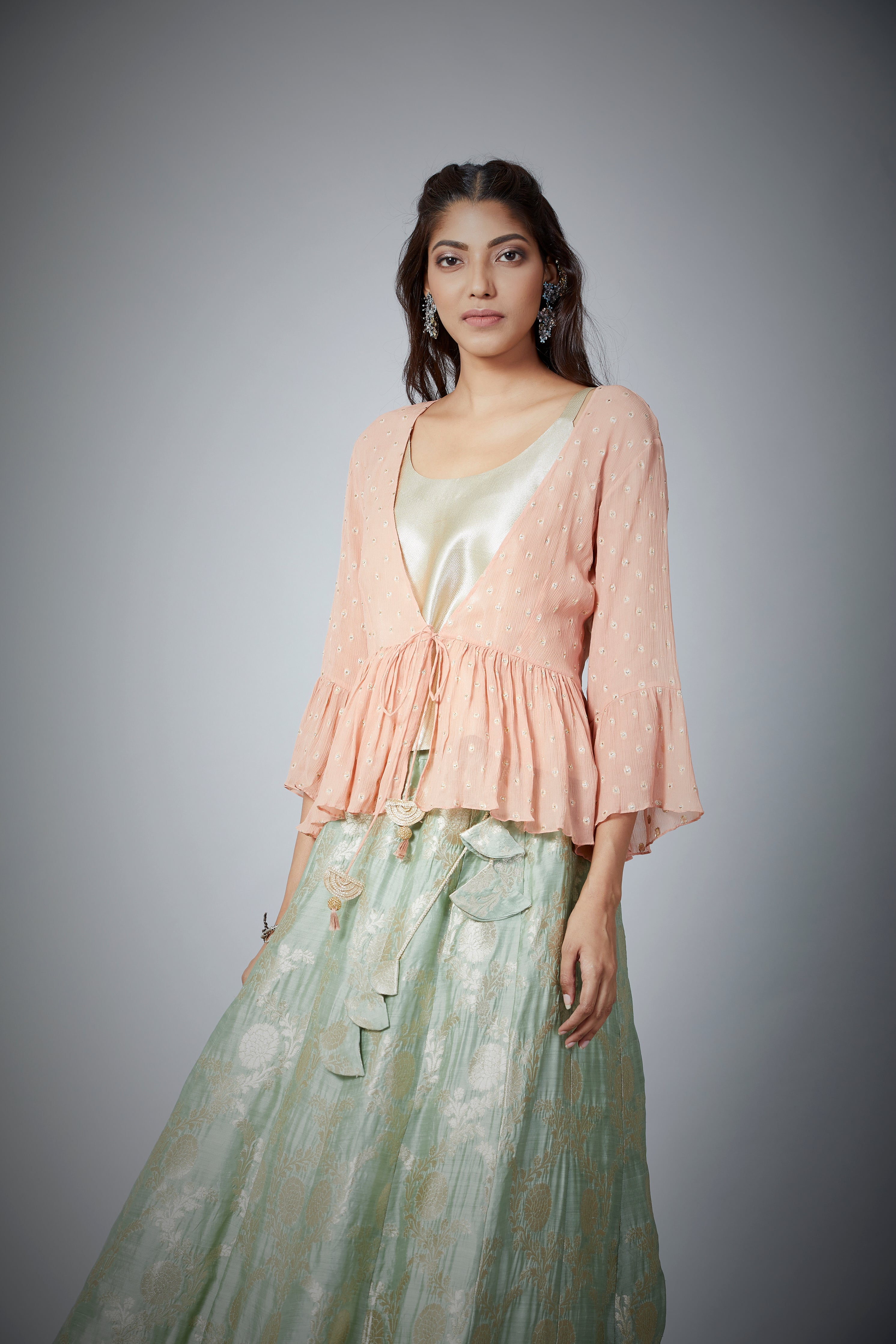 Festive Edit : Banarasi Brocade Lehenga With Chiffon Zari Woven Peplum Top With Inner.