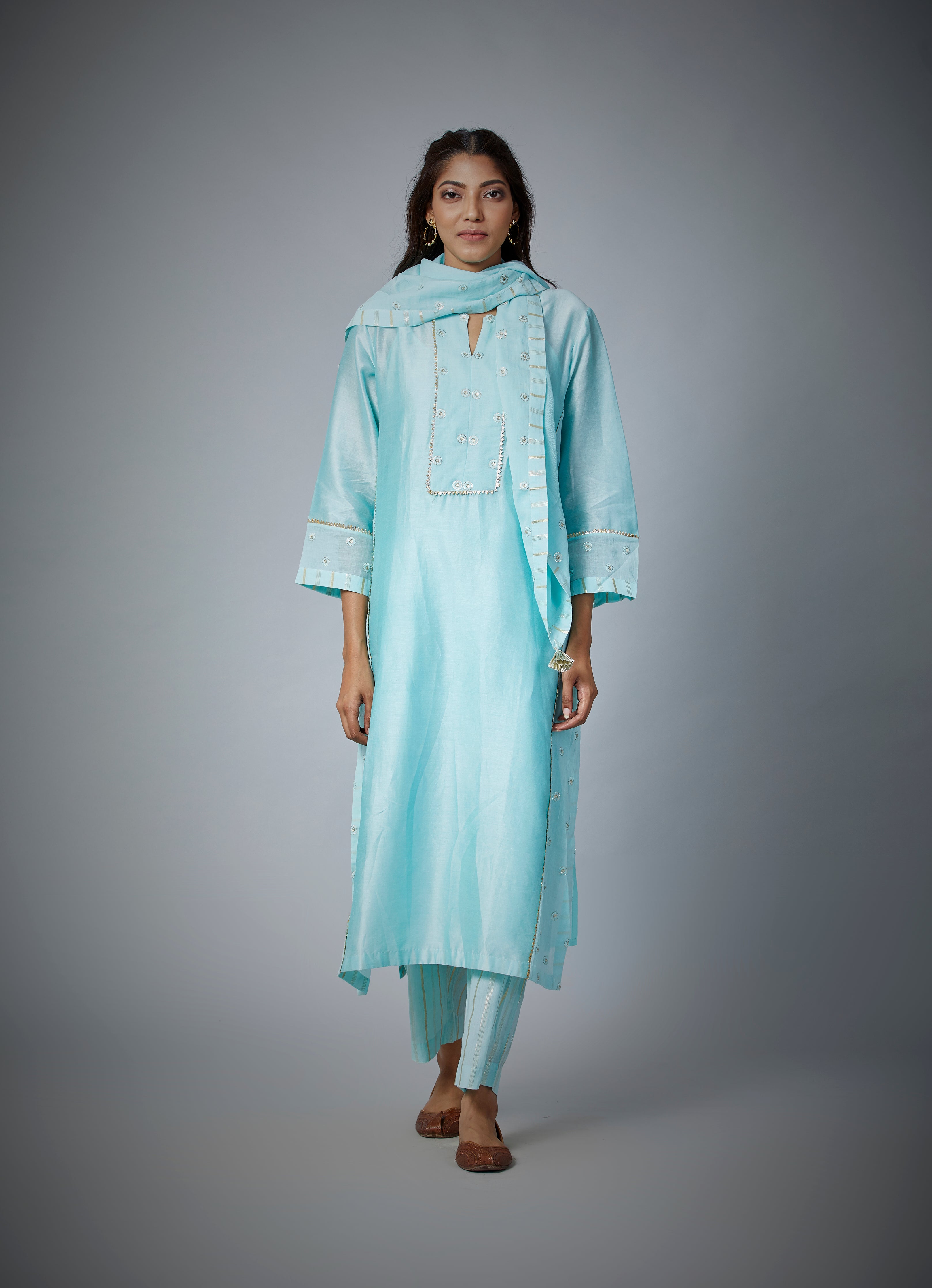 Festive Edit : Powder Blue Silk Chanderi Kali Kurta Set With Embroidery Details .