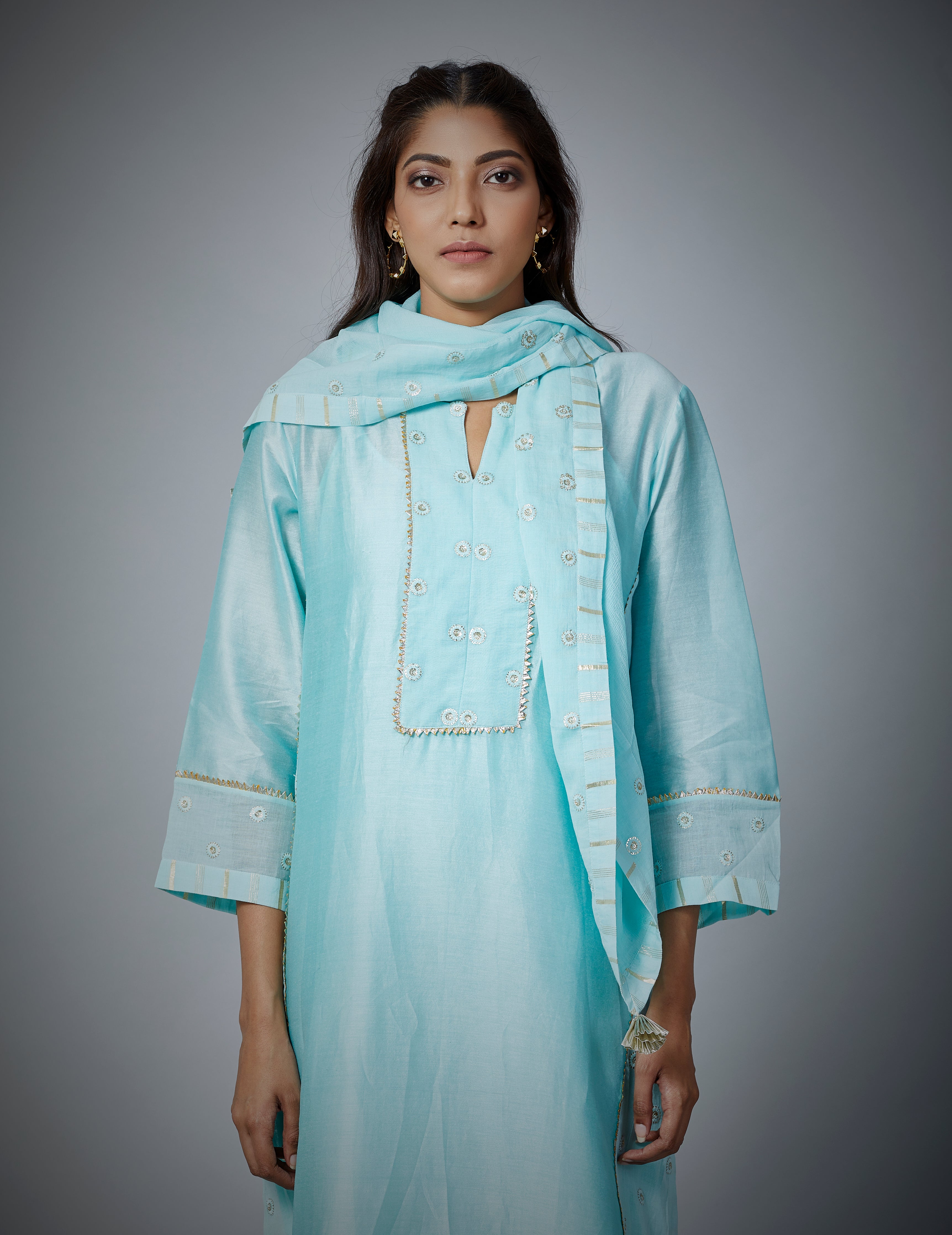Festive Edit : Powder Blue Silk Chanderi Kali Kurta Set With Embroidery Details .