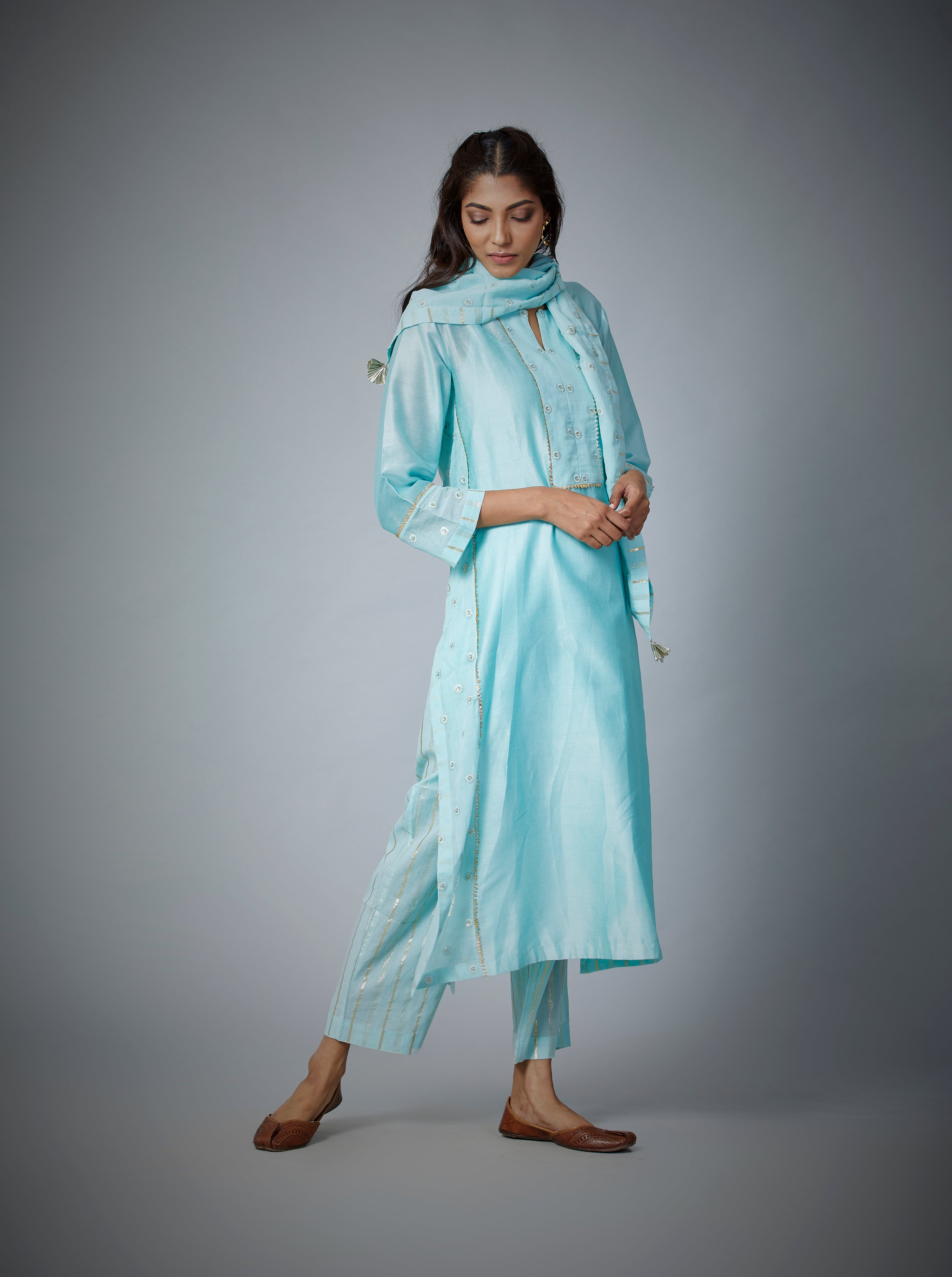 Festive Edit : Powder Blue Silk Chanderi Kali Kurta Set With Embroidery Details .