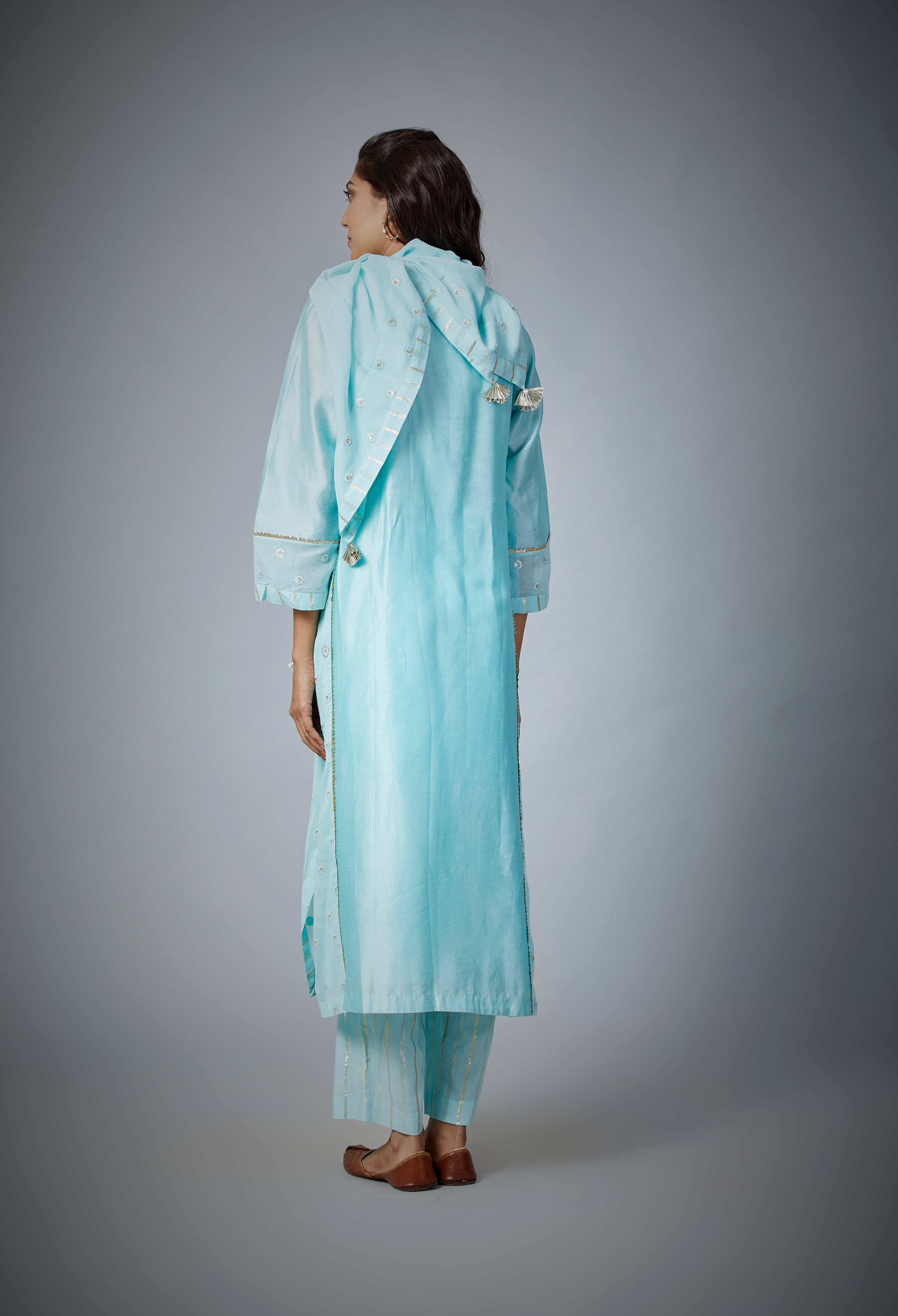 Festive Edit : Powder Blue Silk Chanderi Kali Kurta Set With Embroidery Details .