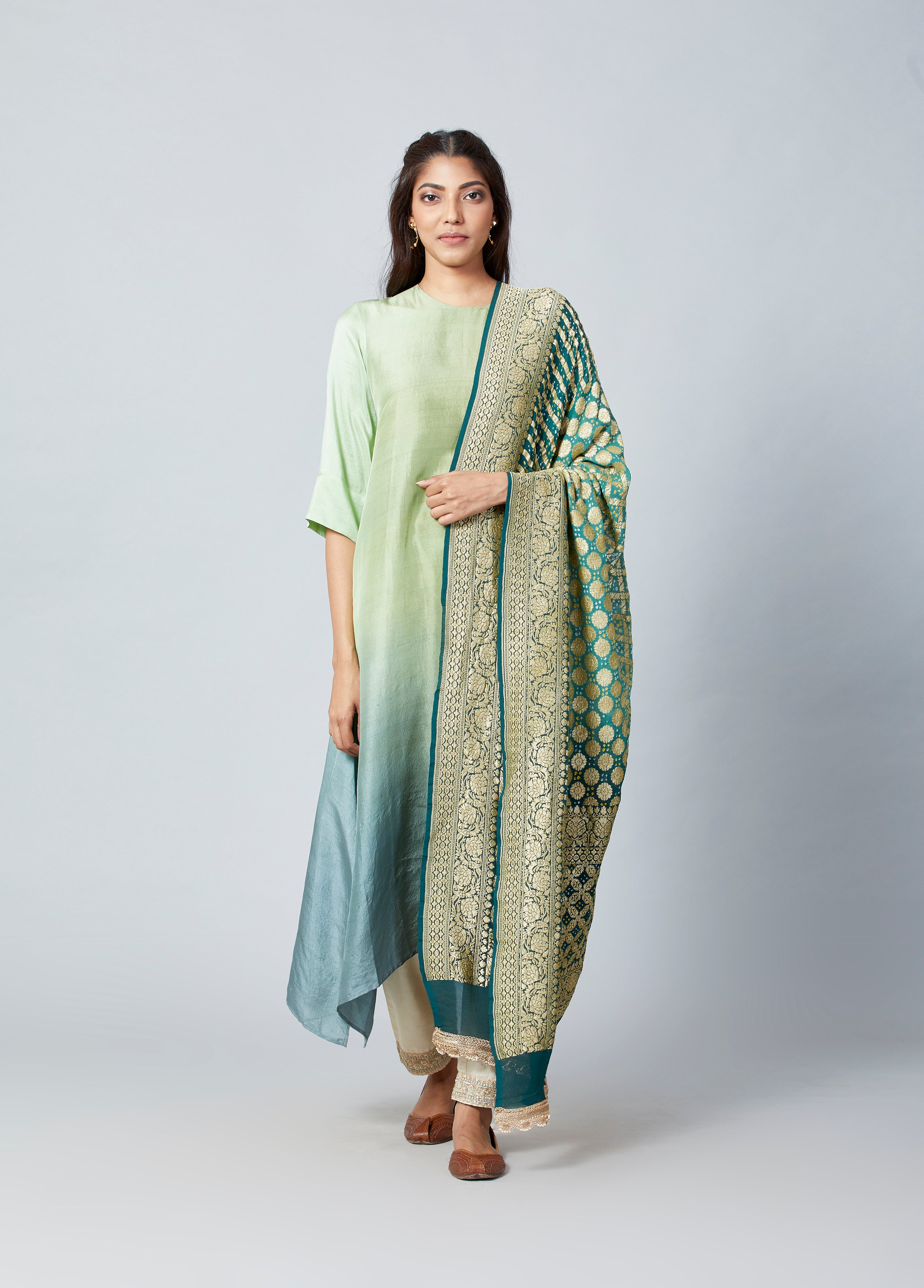 Olive Pista Green Ombre Kurta With Bandhej Heavy Zari Dupatta