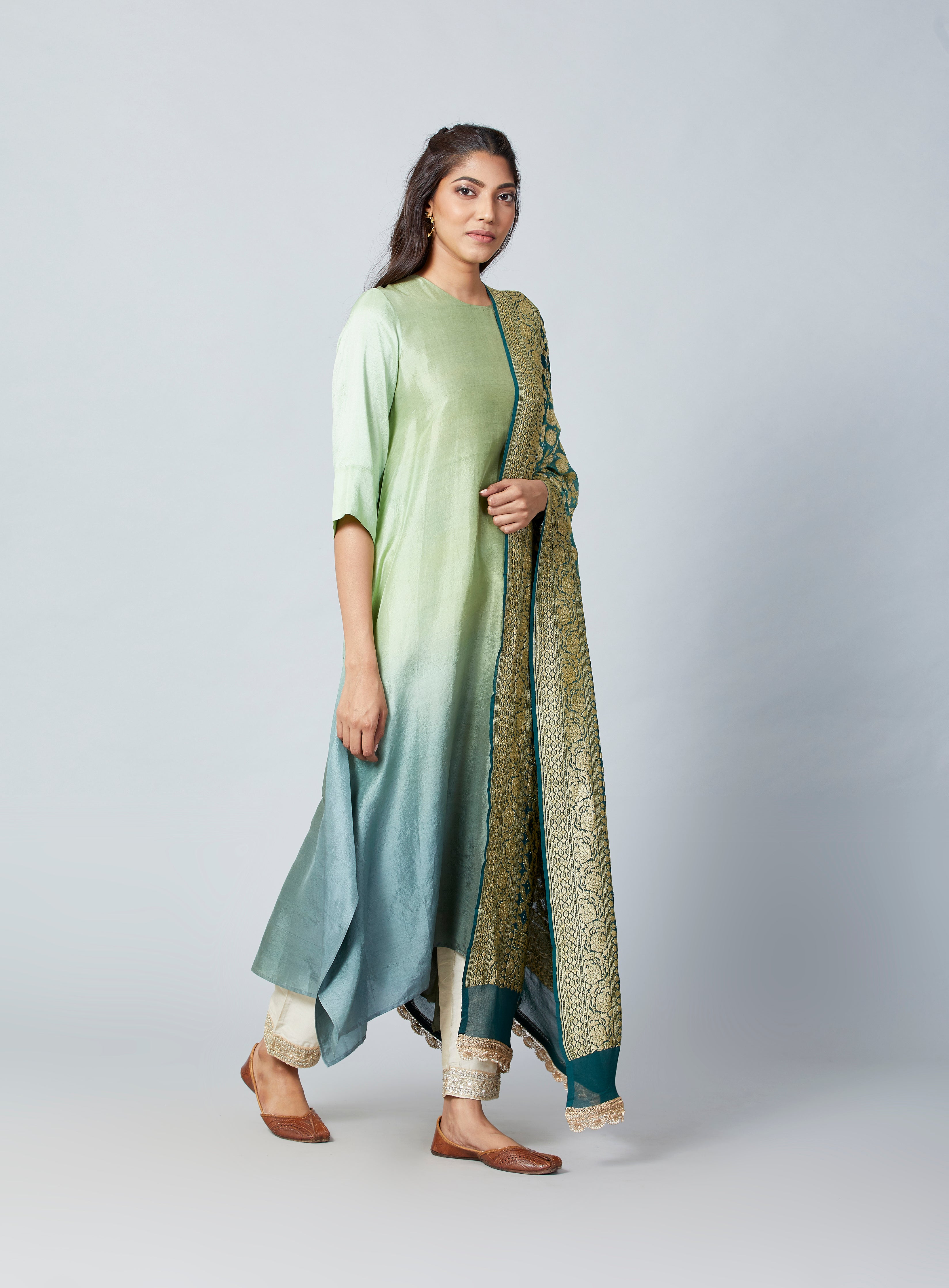 Olive Pista Green Ombre Kurta With Bandhej Heavy Zari Dupatta