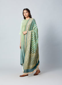 Olive Pista Green Ombre Kurta With Bandhej Heavy Zari Dupatta