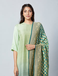 Olive Pista Green Ombre Kurta With Bandhej Heavy Zari Dupatta