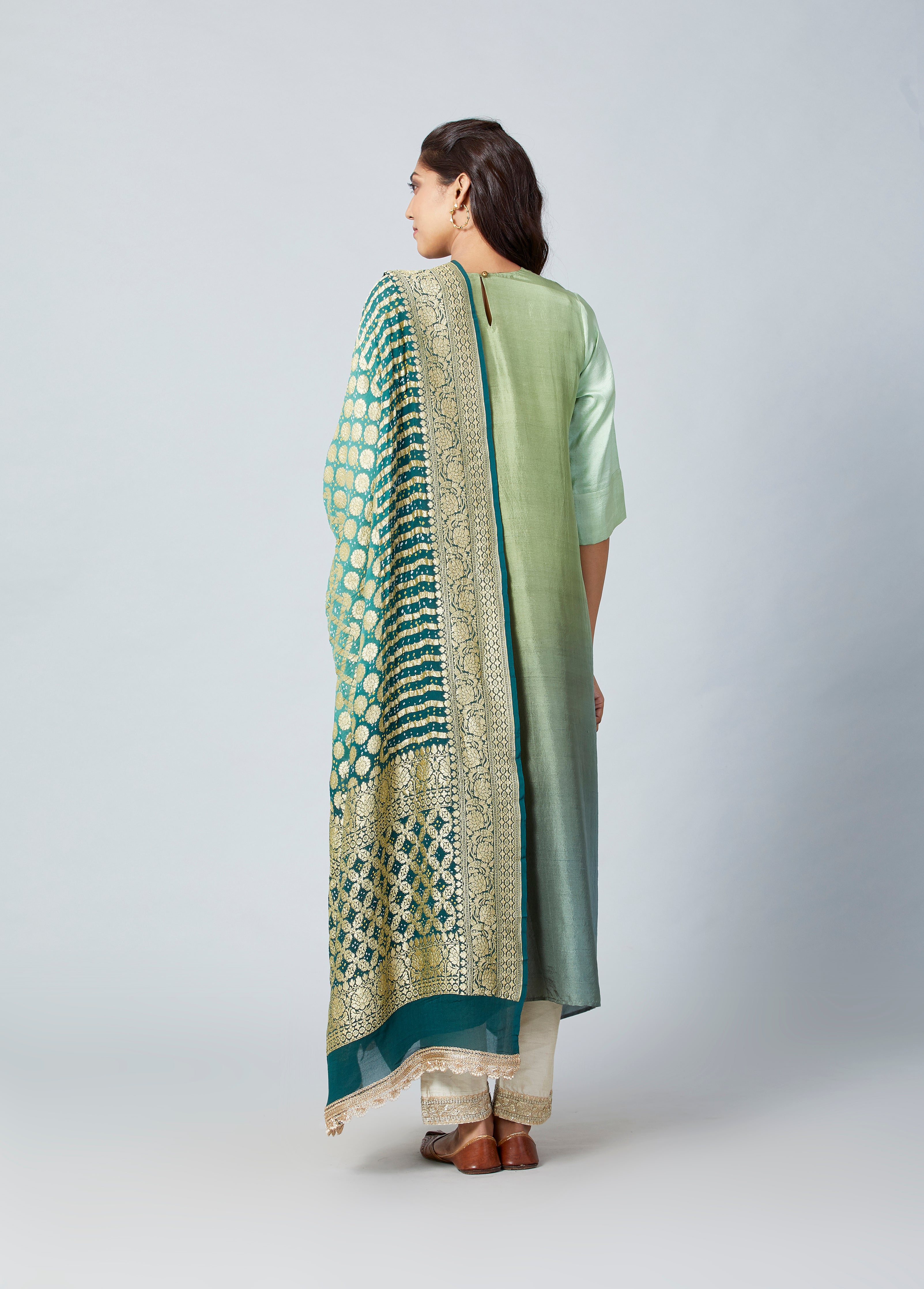 Olive Pista Green Ombre Kurta With Bandhej Heavy Zari Dupatta