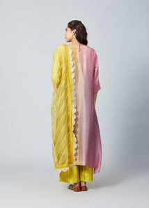 Peach Mauve Yellow Ombre Kurta With Embroidered Organza Scalloped Dupatta