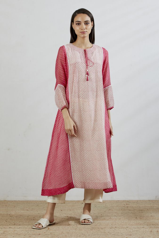 Rose Ivory Chanderi Front Gathering Bandhani Printed Dress with Slip