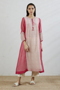 Rose Ivory Chanderi Front Gathering Bandhani Printed Dress with Slip , pants and stole (Full Set)