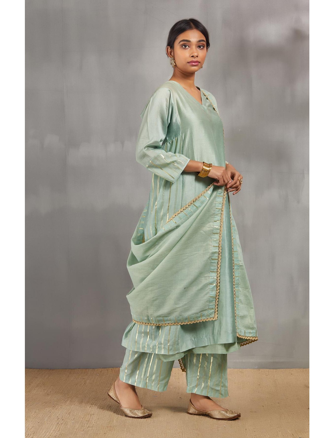 Mint Silk Chanderi Kali Kurta Set With Zari Striped Pants And Dupatta.