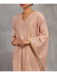 Salmon Pink Silk Chanderi Kali Kurta Set With Zari Striped Pants And Dupatta.