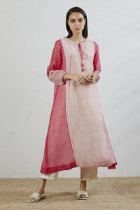 Rose Ivory Chanderi Front Gathering Bandhani Printed Dress with Slip , pants and stole (Full Set)