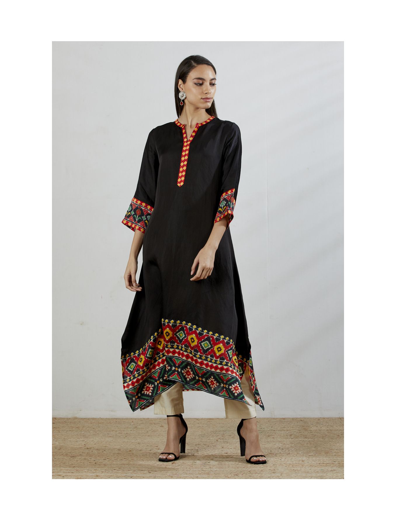 Black Kurta With Asymmetric Patola Print Hemline