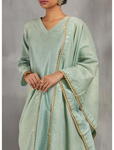 Mint Silk Chanderi Kali Kurta Set With Zari Striped Pants And Dupatta.