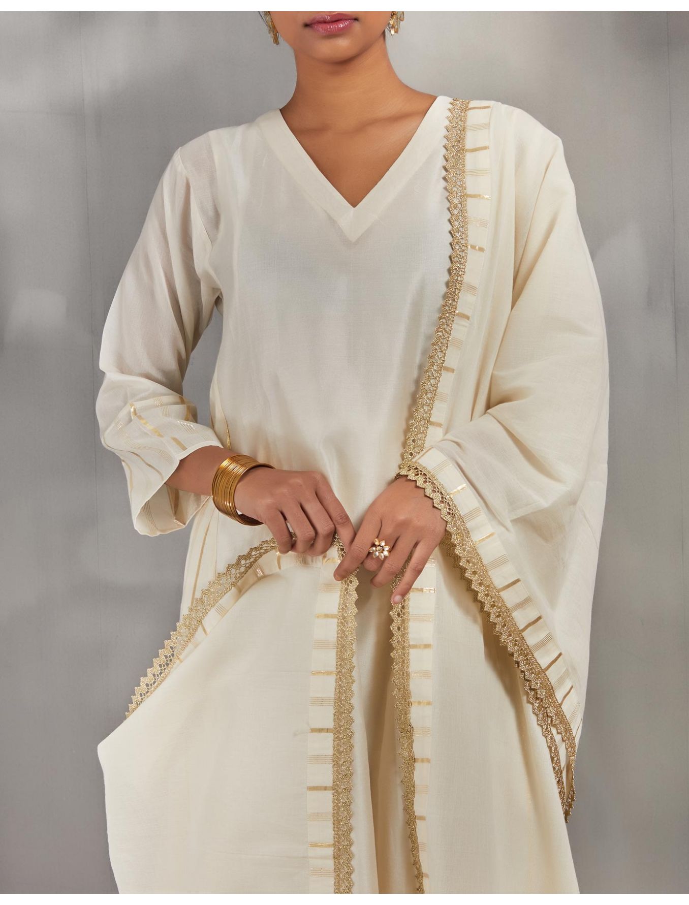 Ivory Silk Chanderi Kali Kurta Set With Zari Striped Pants And Dupatta.