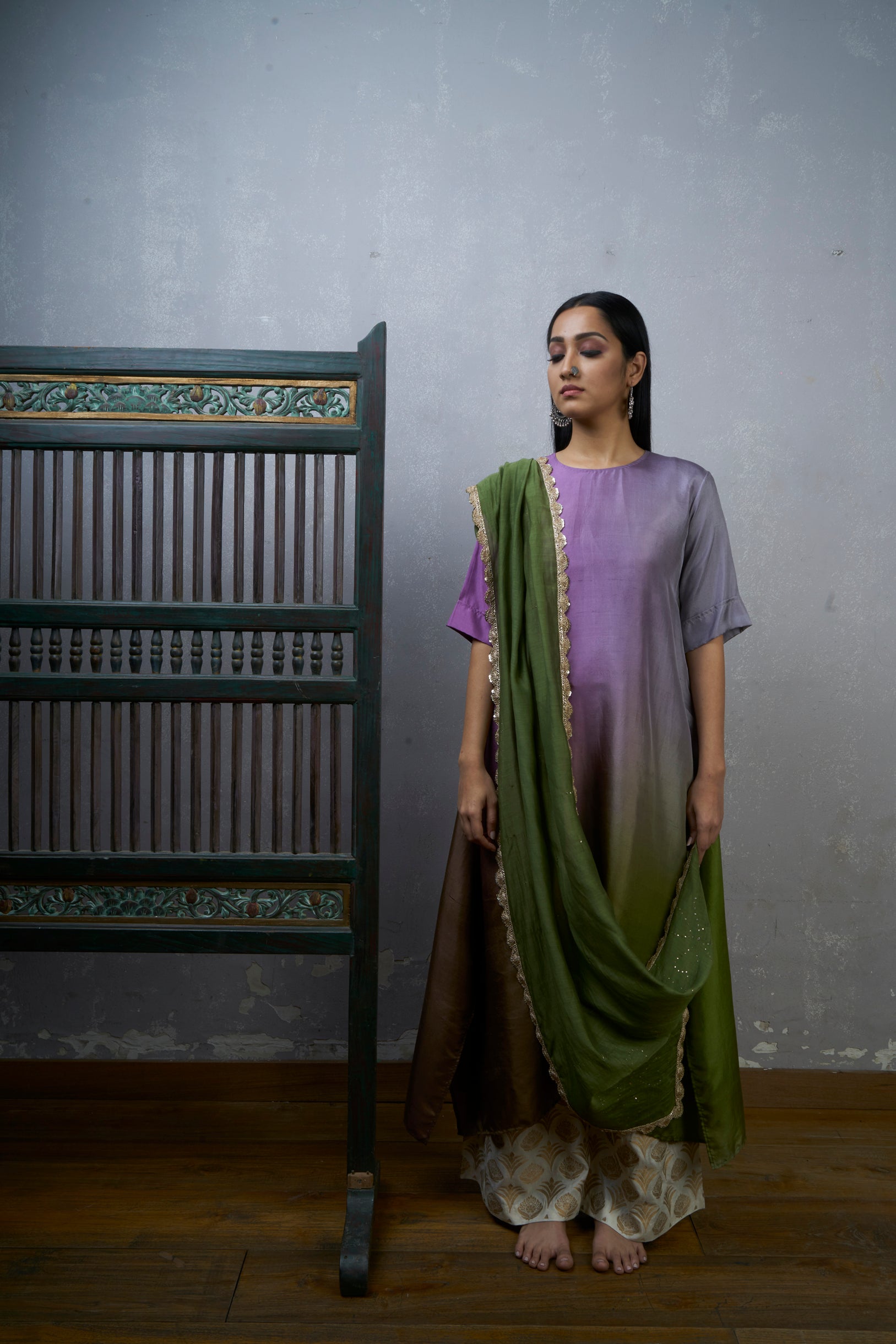Festive Edit : Lavender Green Asymmetric Dupion Silk Ombre Kurta With Woven Tussar Broad Pants And Chanderi Mokesh Work Slim Dupatta .