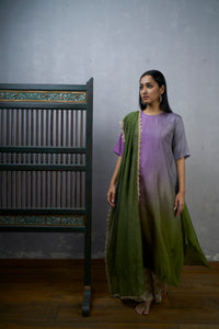 Festive Edit : Lavender Green Asymmetric Dupion Silk Ombre Kurta With Woven Tussar Broad Pants And Chanderi Mokesh Work Slim Dupatta .