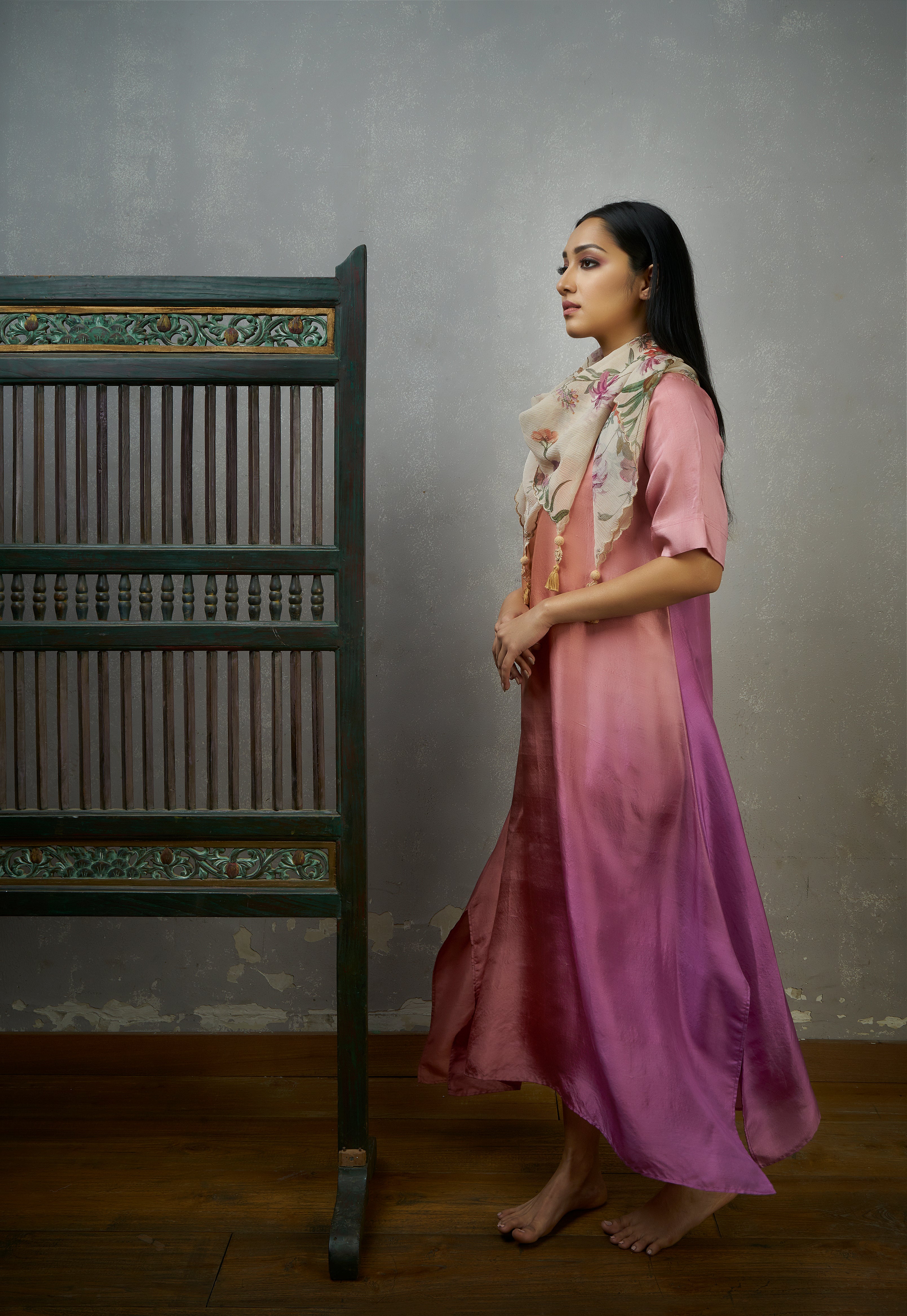 Peach Mauve Asymmetric Dupion Silk Ombre Kurta .