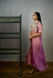 Peach Mauve Asymmetric Dupion Silk Ombre Kurta .