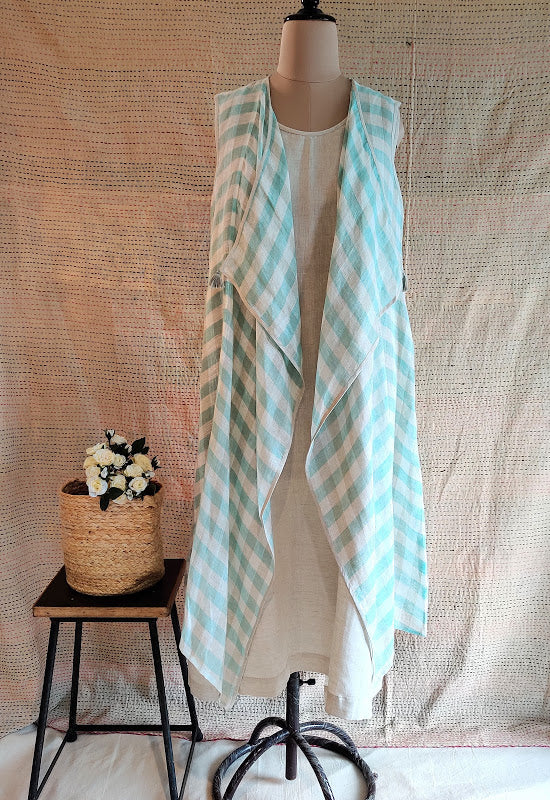 Linen Checks Cape With Solid Slip Dress.