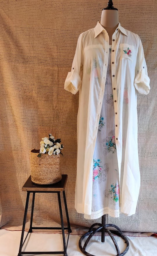 Cotton Front Open Shirt Dress With Floral Inner Slip.