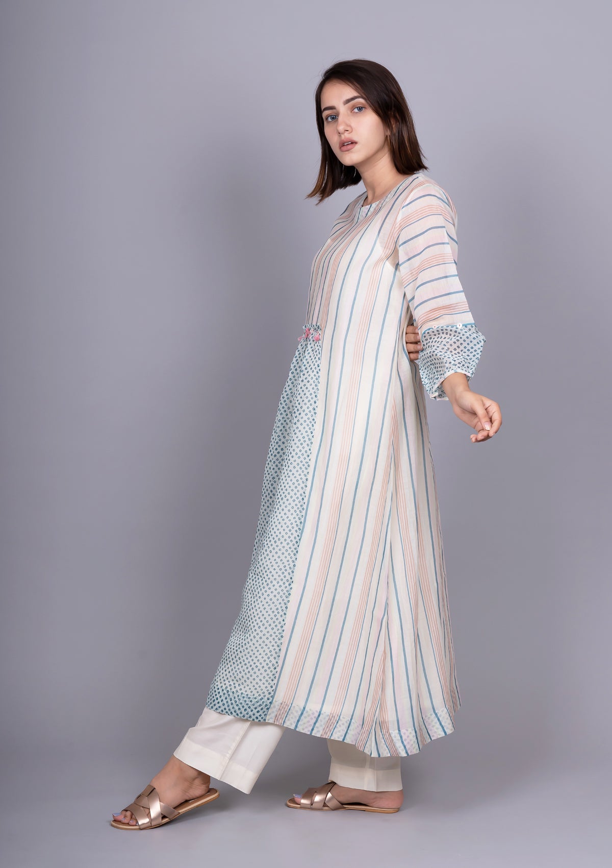 Ivory Blue Chanderi Stripes Front Gathering Bandhani Printed Dress with Slip