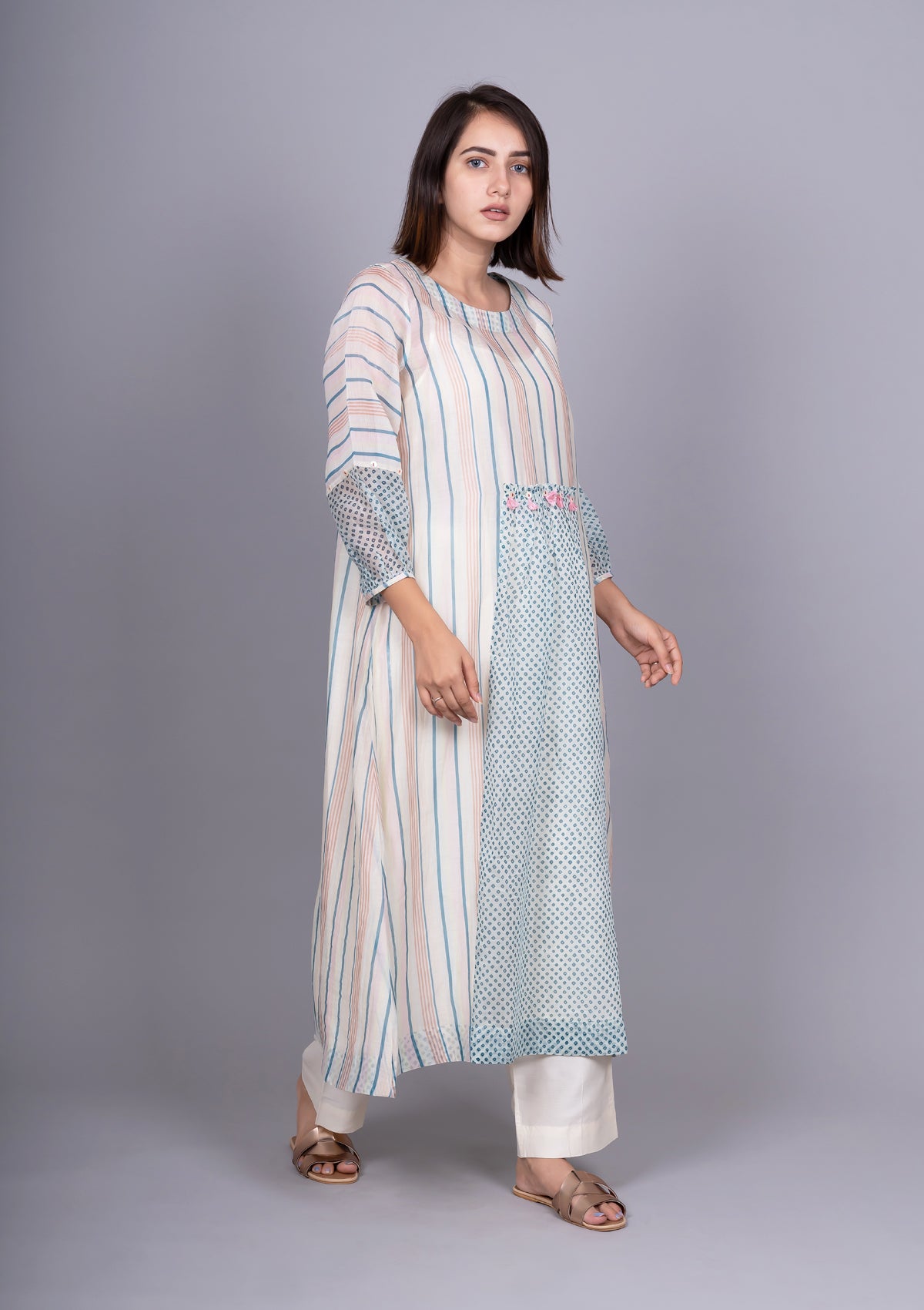Chanderi Stripes Front Gathering Bandhani Printed Dress with Slip .