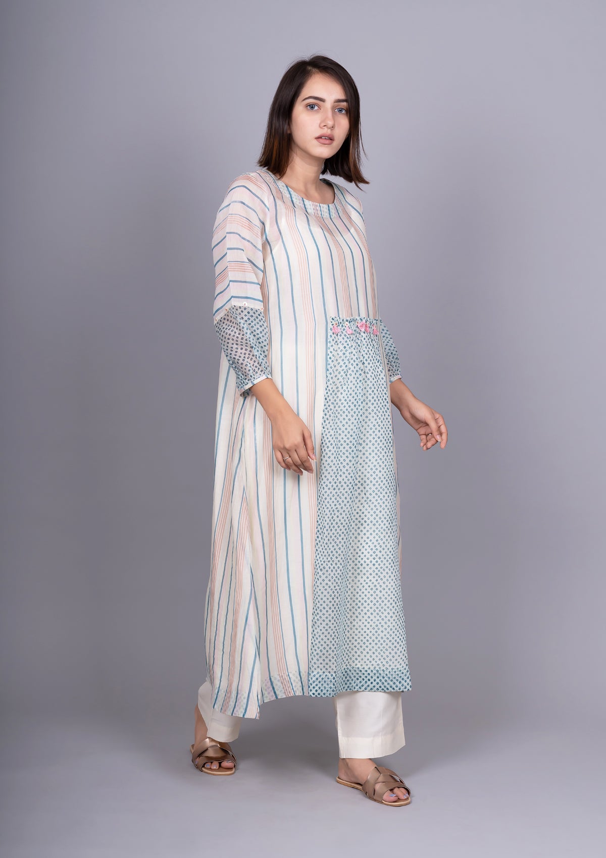 Ivory Blue Chanderi Stripes Front Gathering Bandhani Printed Dress with Slip