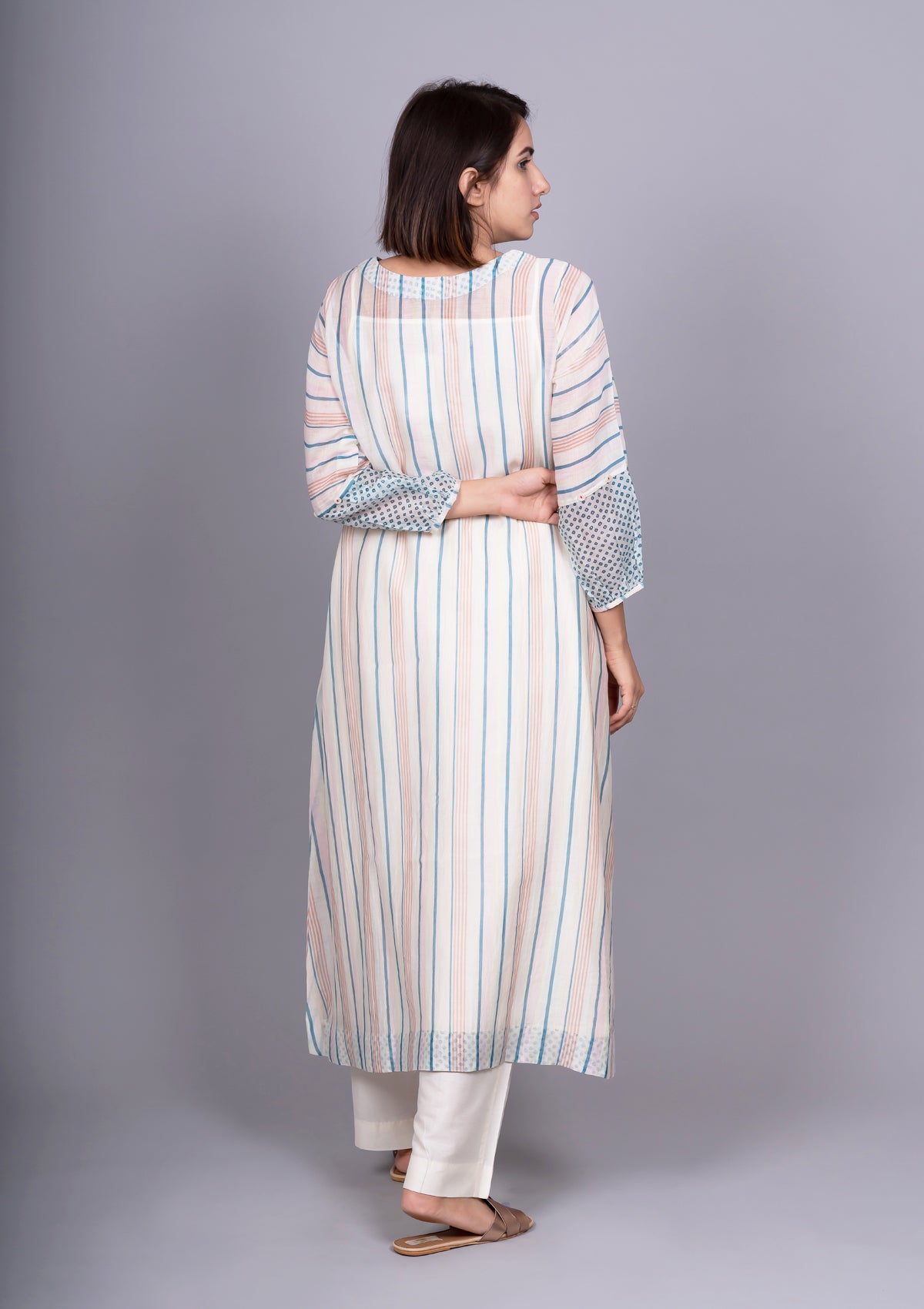 Chanderi Stripes Front Gathering Bandhani Printed Dress with Slip .