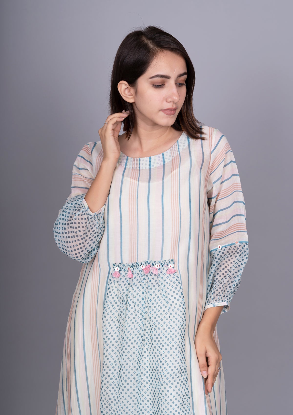 Chanderi Stripes Front Gathering Bandhani Printed Dress with Slip .