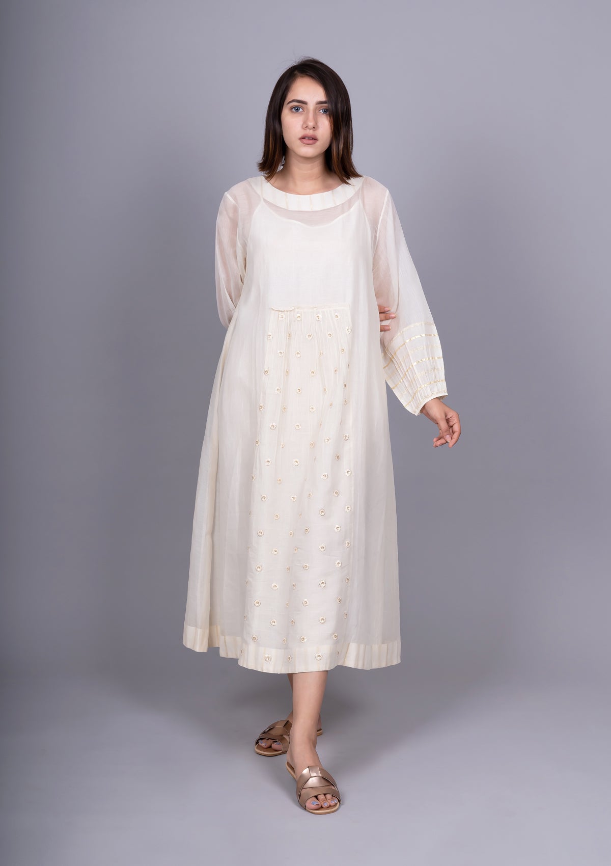 Ivory Chanderi Front Gathering Embroidered Dress with slip