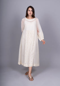 Ivory Chanderi Front Gathering Embroidered Dress with slip