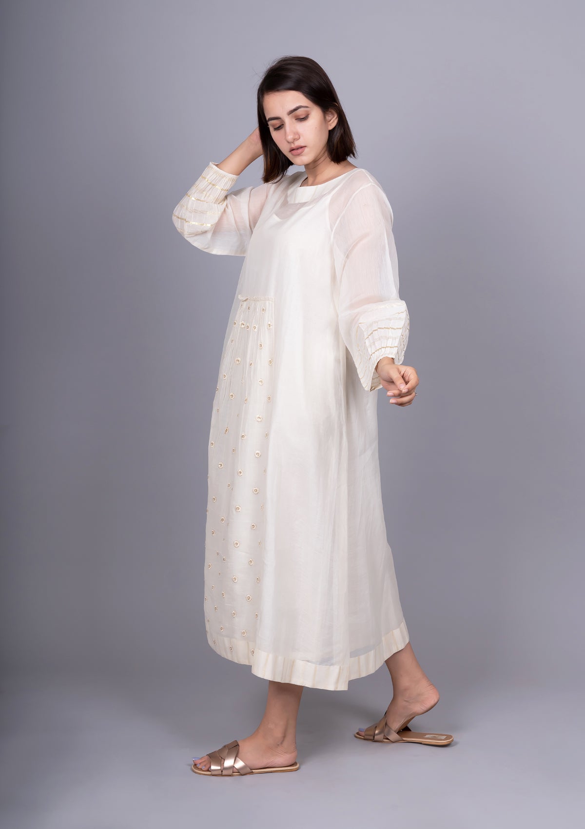 Ivory Chanderi Front Gathering Embroidered Dress with slip