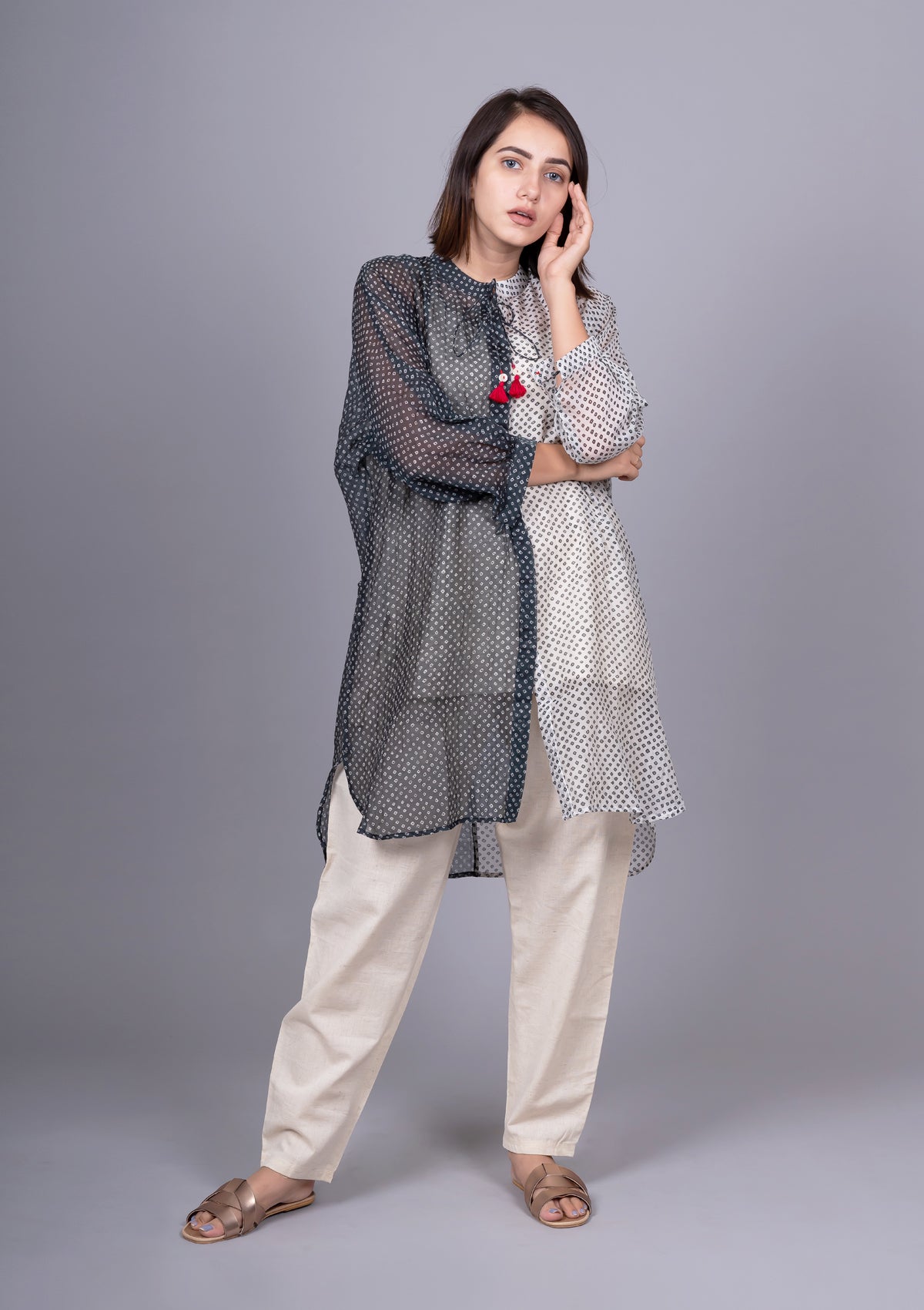 Black White Chanderi Mix And Match Bandhani Print Shirt With Slip
